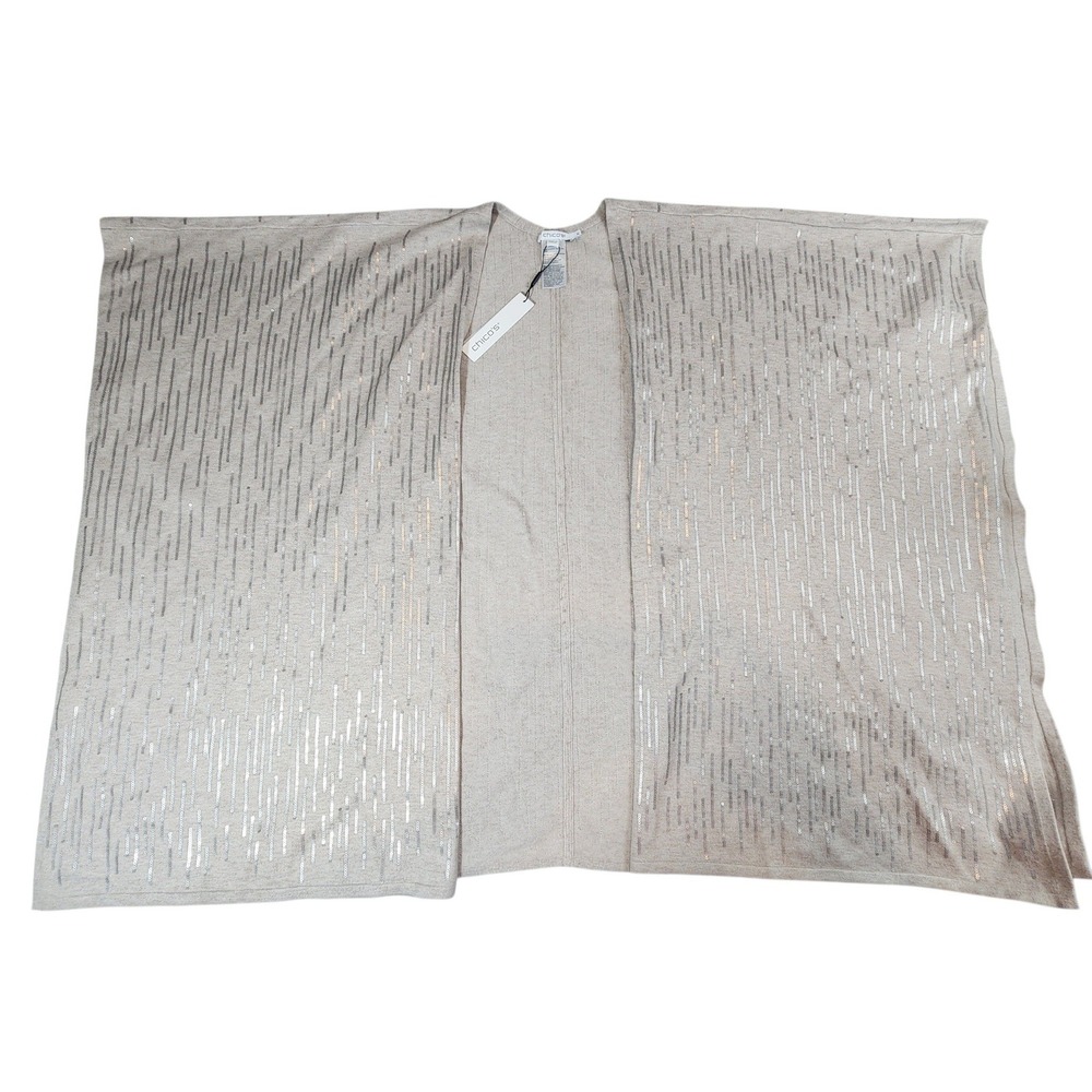 Chico's Poncho Wrap Women L/XL Beige NEW Sequin Stripe Knit Open Front‎ Kimono